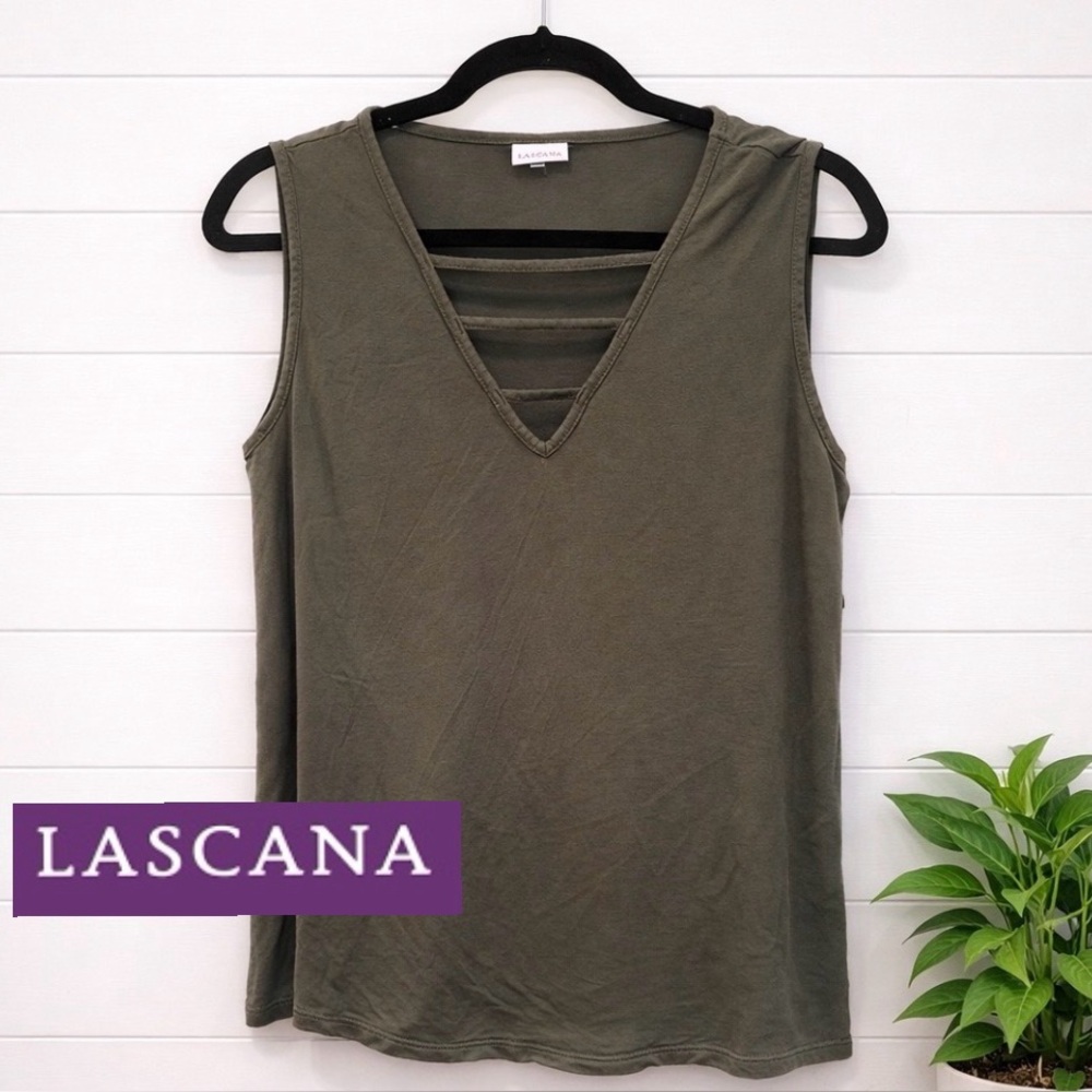 👚🩵🌺LASCANA Olive Green Sleeveless V-Neck Top | Size 4/6 | Casual Summer Tank